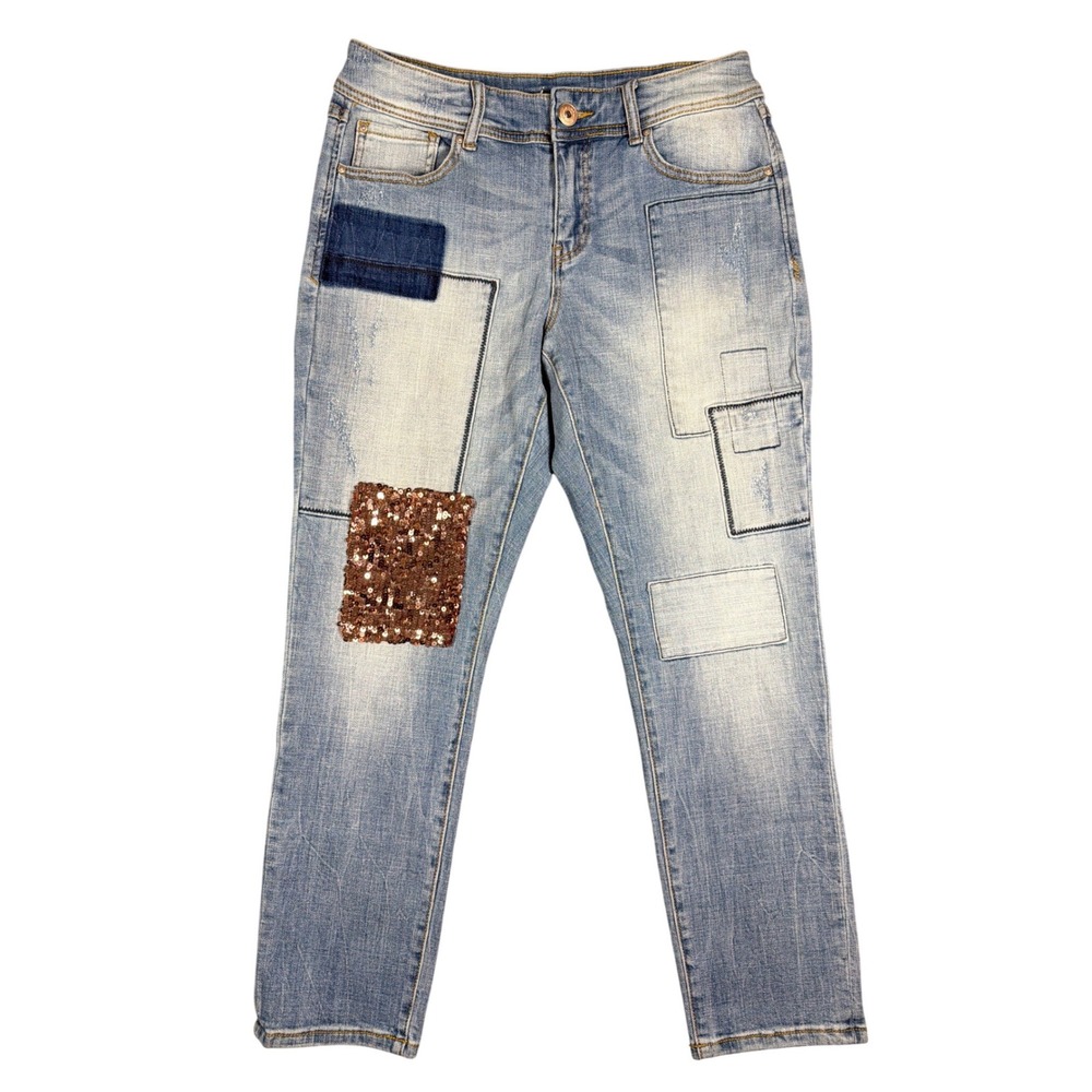 INC International Concepts Womens Patchwork Sequin Boyfriend Jeans Light Wash 8
